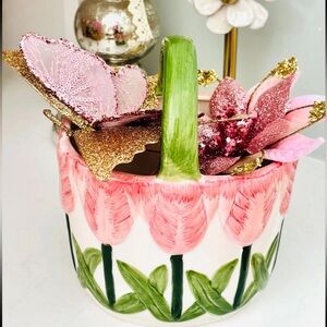 Vintage Hong Kong Pink Tulip Ceramic Basket